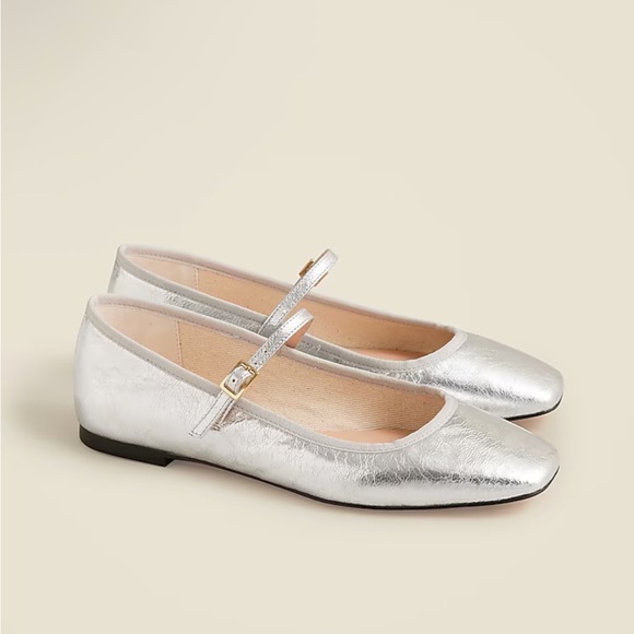 J. Crew Shoes - Jcrew Quinn square-toe Mary Jane flats in crinkled metallic leather
